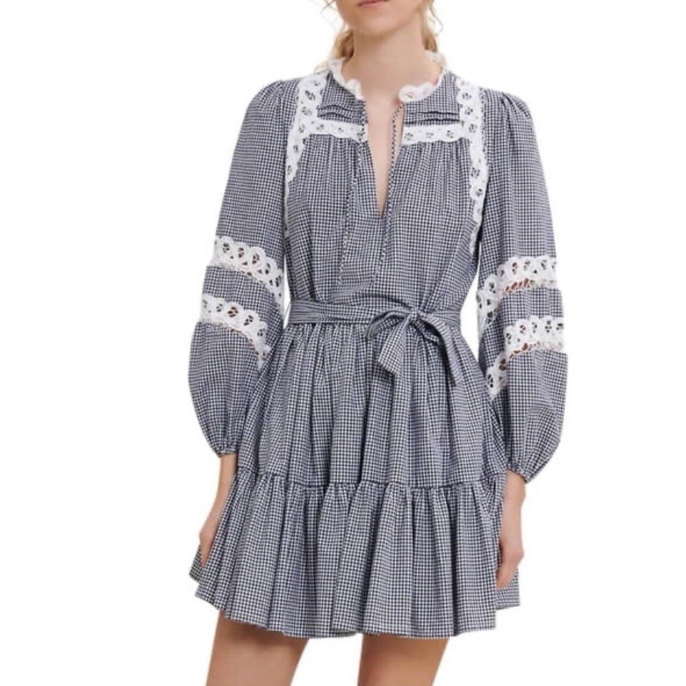 NWT Maje Ritchy Gingham and Lace Organic Cotton Dress